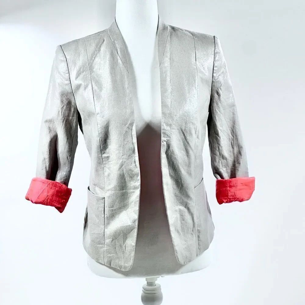 H&M metallic gold blazer cropped sleeve with orange lining 8